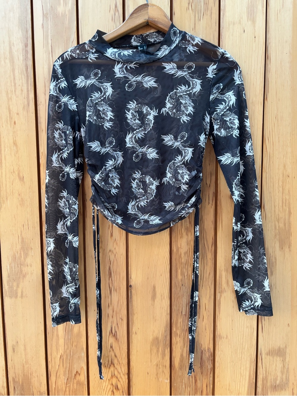 Forever 21 Black Sheer Dragon-Print Long Sleeve Top Large